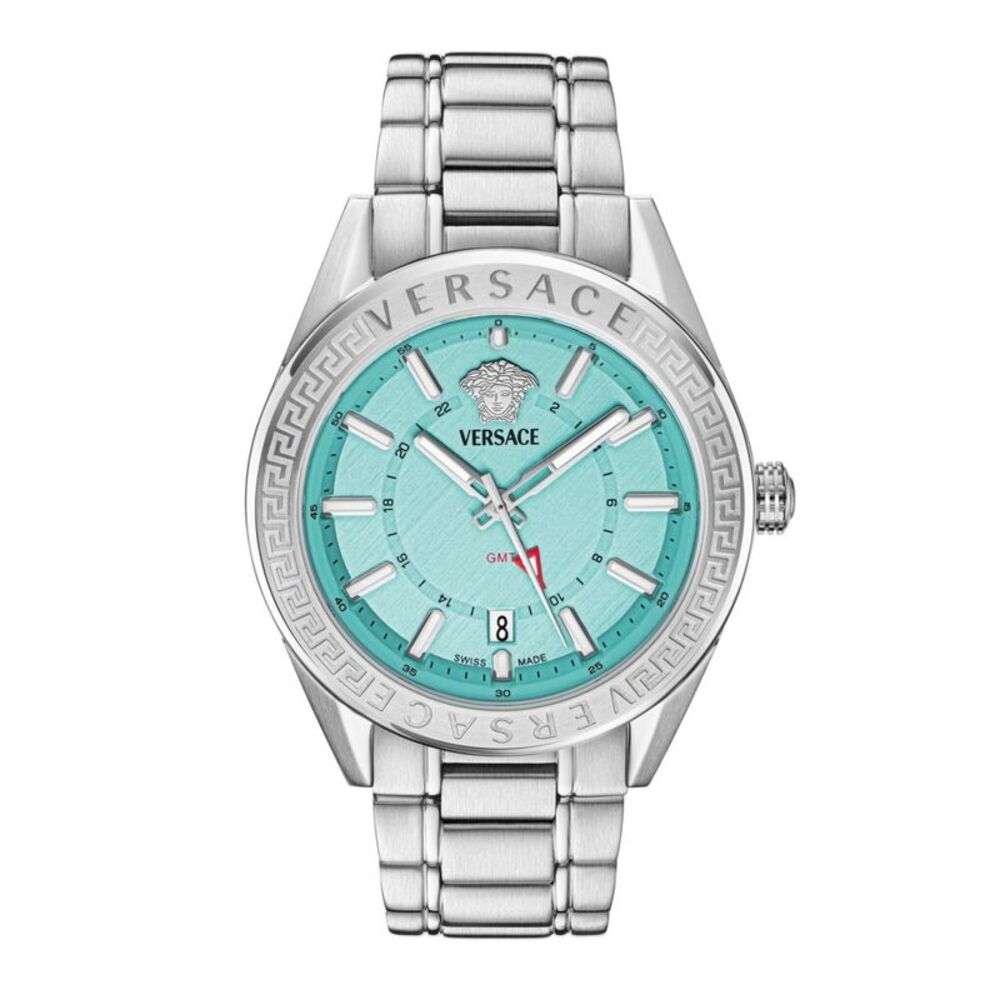 Versace V-Code GMT Bracelet Watch Silver Mens
